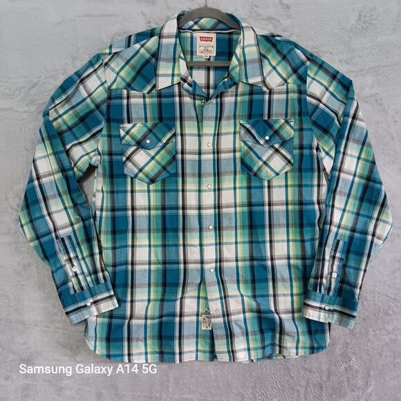 Levi's Blue Plaid Snap Front 2X Western Shirt Pockets Work Casual Style3LYlW208 - Picture 1 of 9